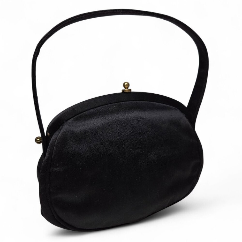 Vintage Mel-Ton Black Satin Mini Clutch Bag Women's Tilt Closure Flipping Strap